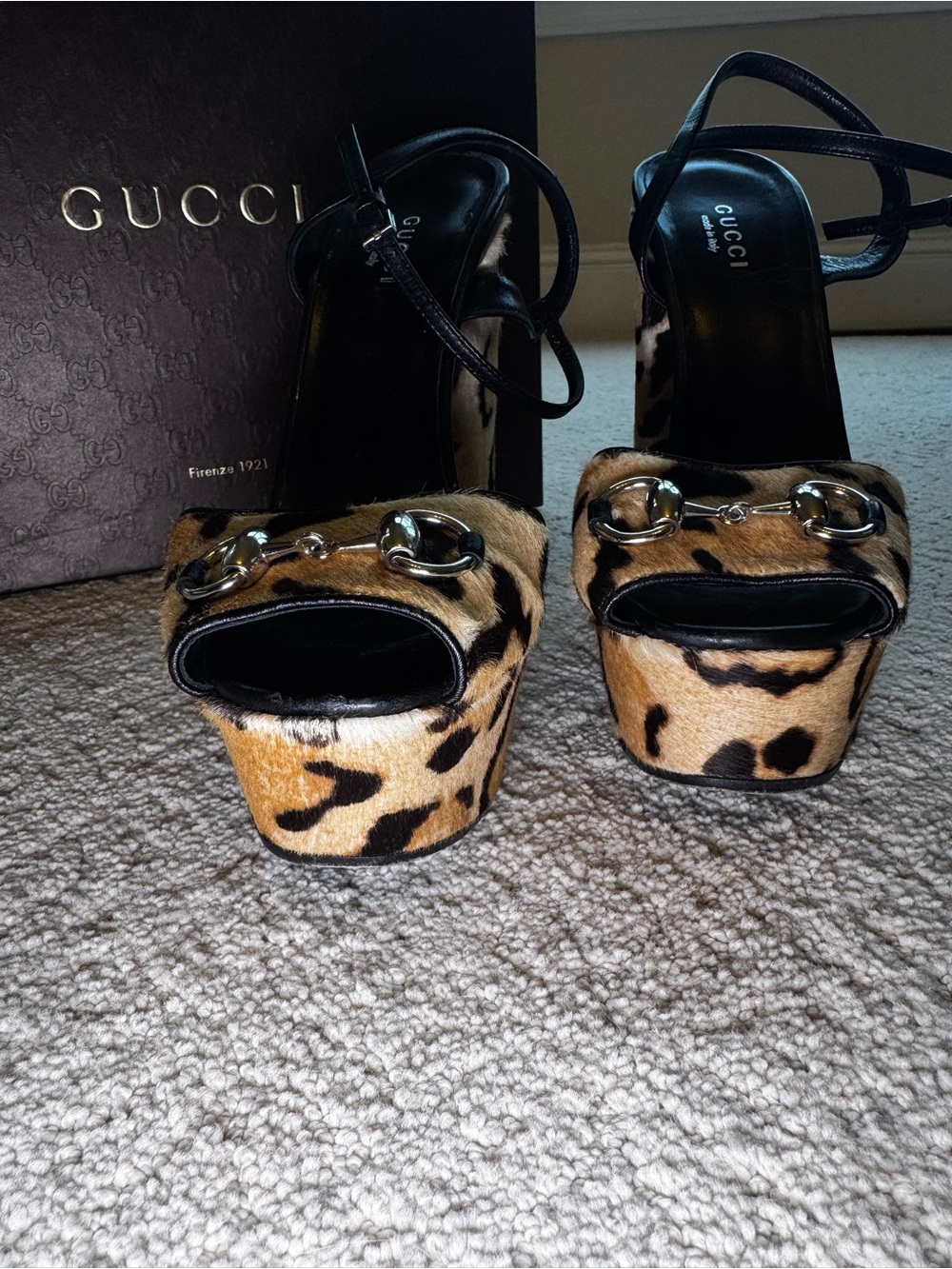 Gucci Leopard Platform Peep-Toe Heels With Gold Hardware Accent & Strap - Picture 3 of 9